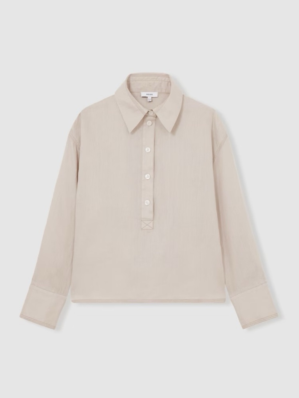 Reiss Nina Linen Overhead Open-Collar Shirt in Neutral Sz 12